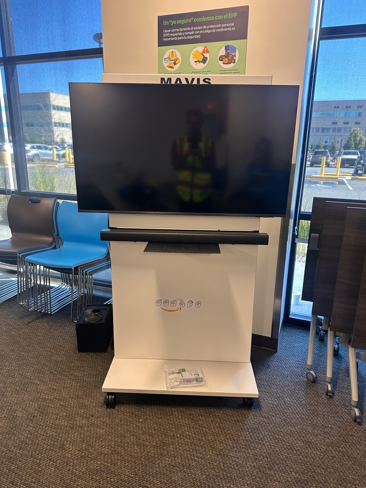 Finished freestanding TV cart with soundbar and subwoofer
