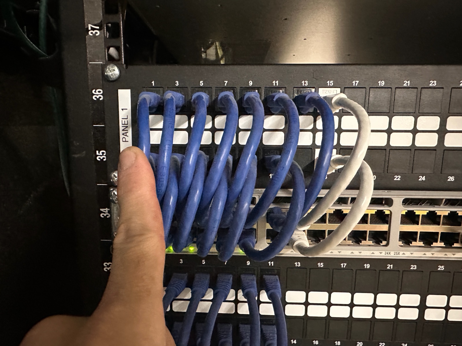 Blue Cat6 cables dressed into a labeled patch panel